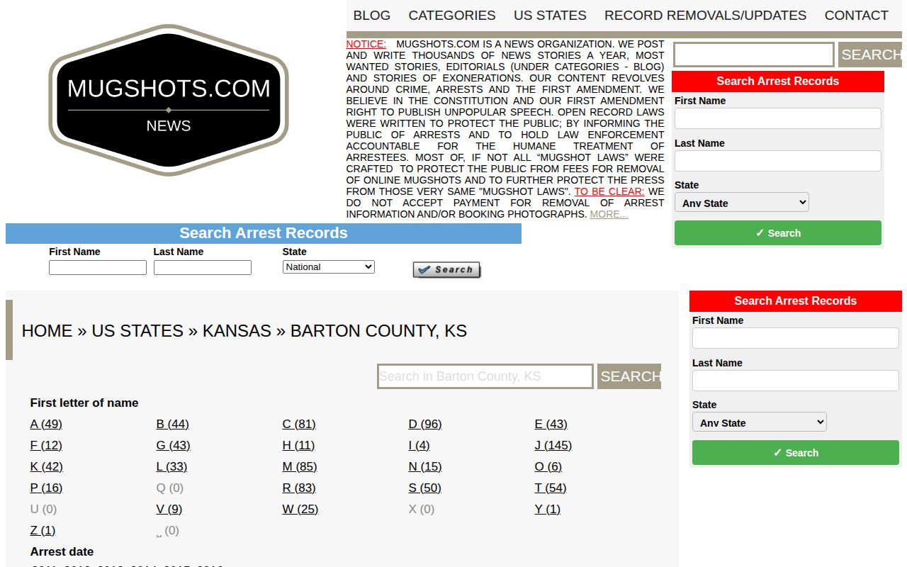 Unofficial archival Barton County mugshot section with stale year filters