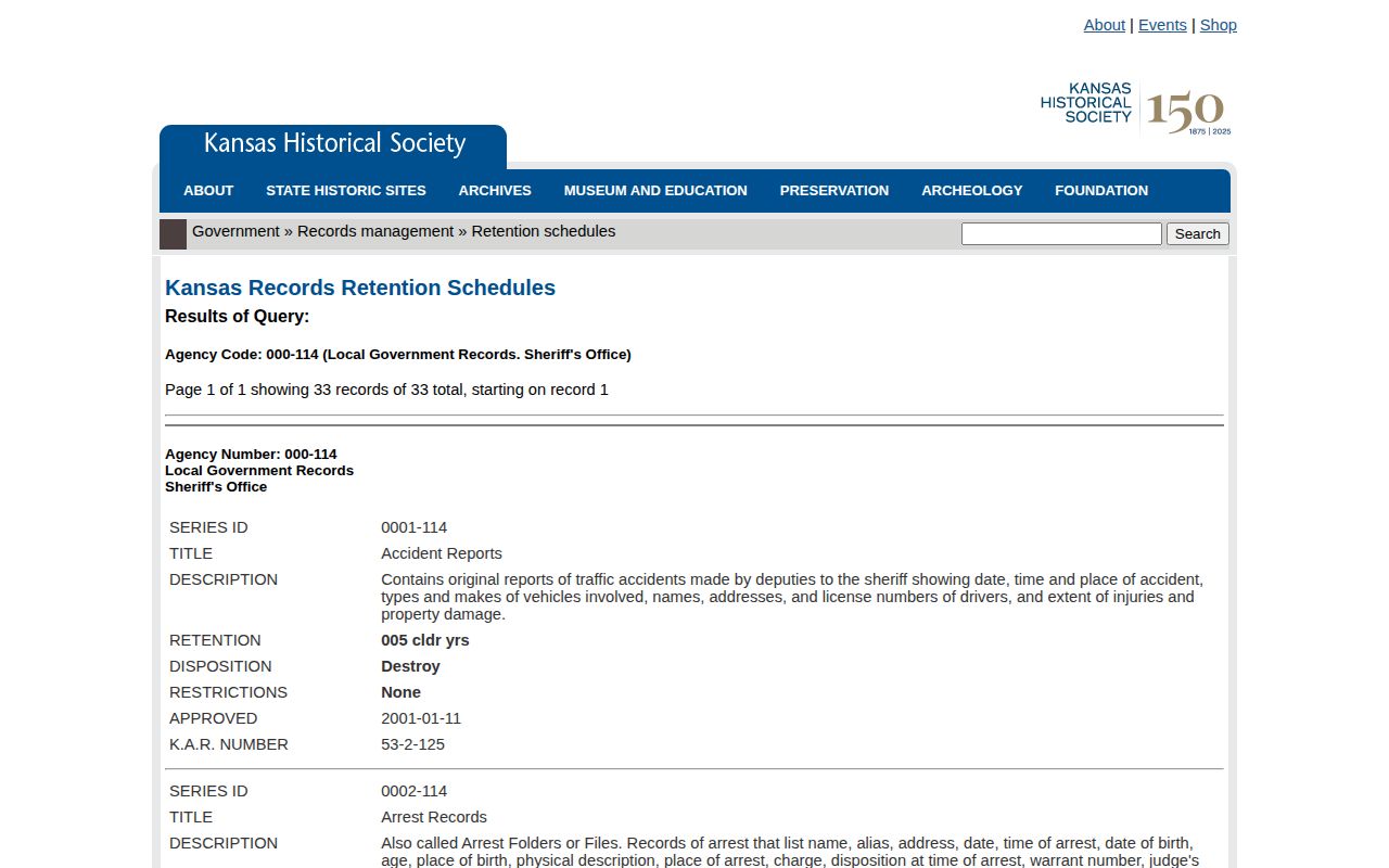 Kansas sheriff retention schedule for Barton County arrest and mugshot records